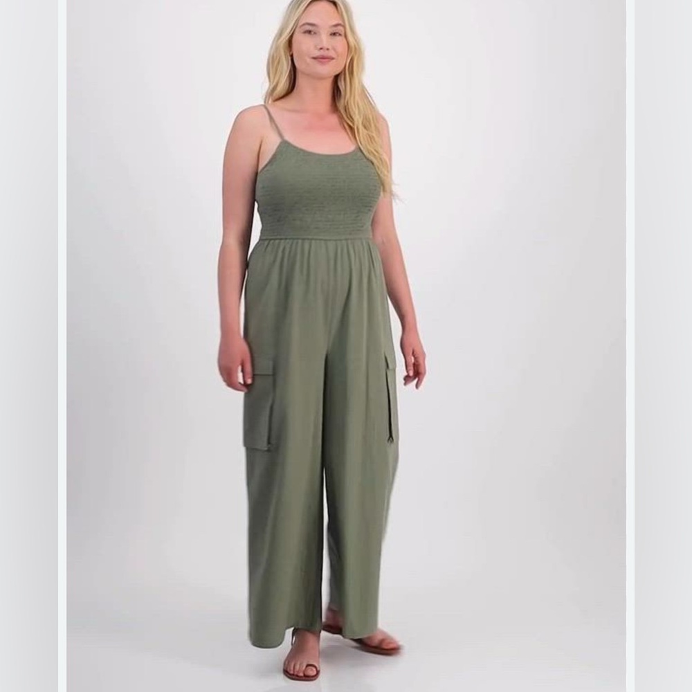 And Now This Smocked Cargo Jumpsuit Sage  Wide Leg‎ Utility 2X Plus Size #793
